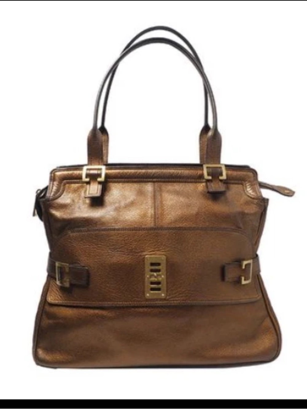 Mulberry Brown Leather Double-Handle Tote with Gold Hardware